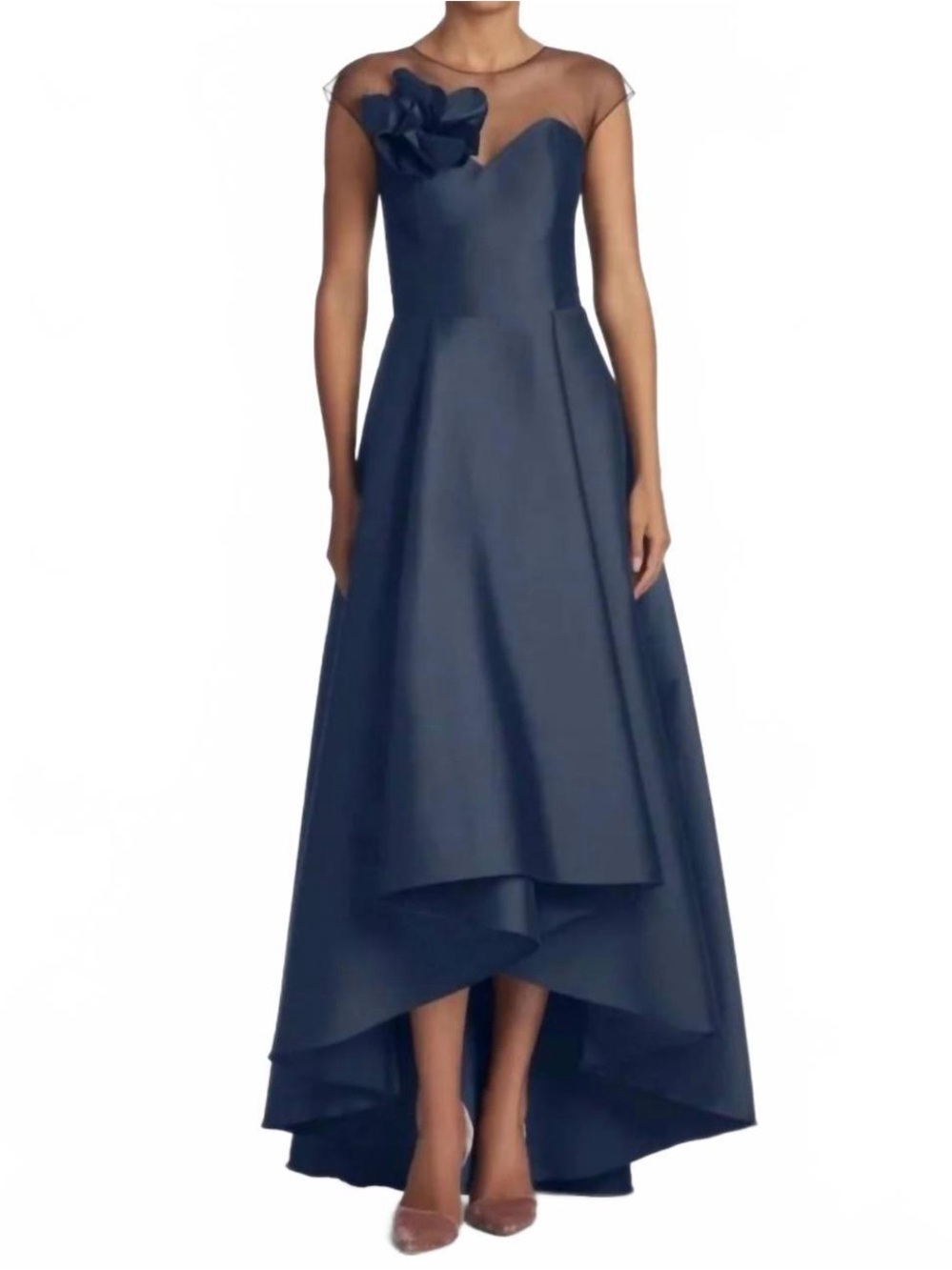 Sachin & Babi Blakely Navy Mikado Hi Low Flower Gown Dress Size 0 Wedding Formal